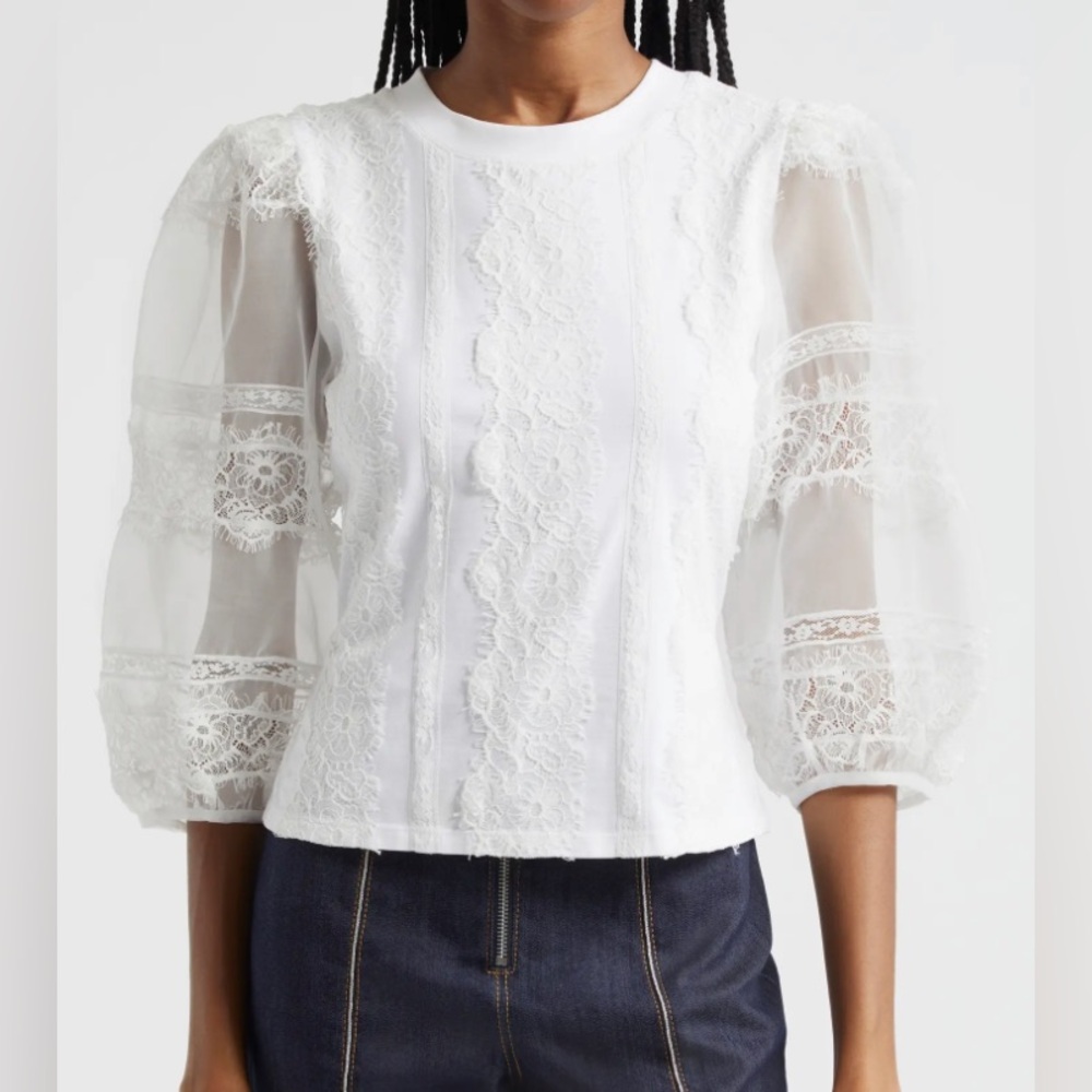 NWT Cinq à Sept White Lace Stefania Trim Shirt 3/4 Sleeve Blouse Size XS